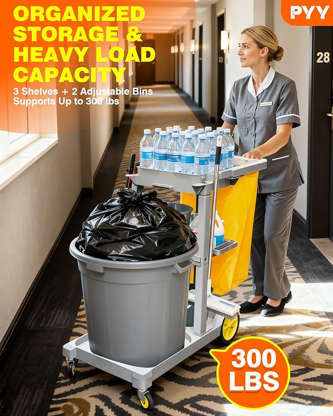 PYY Cleaning Carts On Wheels - Janitorial Cart w/ 3-Shelf & 2 Bins, Smooth Swivel Caster, 65L Collection Bag, 300LBS Load Capacity, Sturdy Cleaning Cart for Housekeeping, Janatorial Cleaning (Gray)