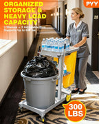 PYY Cleaning Carts On Wheels - Janitorial Cart w/ 3-Shelf & 2 Bins, Smooth Swivel Caster, 65L Collection Bag, 300LBS Load Capacity, Sturdy Cleaning Cart for Housekeeping, Janatorial Cleaning (Gray)