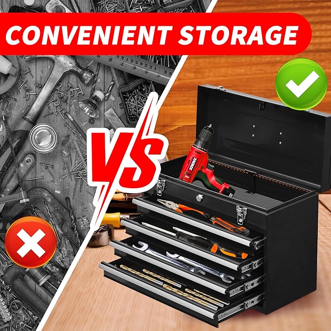 4 Drawers Metal Tool Box Portable Steel Tool Chest with Metal Latch Closure & Key Lock, 20" Powder Coating Top Storage Tray Toolbox with Handle, Suitable for Repair Shop & Garage (Black)
