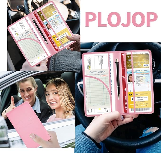 PLOJOP Car Registration and Insurance Card Holder, Leather License Document Pink Glove Box Compartment Organizer, Car Wallet Case for Essential Info, License Cards, ID Card
