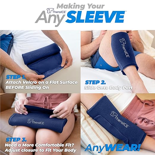 TheraICE Knee Ice Pack Wrap Compression ANYSleeve for Injuries, Reusable Elbow Calf Gel Cold Packs Brace, Adjustable Cold Recovery Wrap for Pain Relief -1 Size fits most people & Body parts -1 Unit