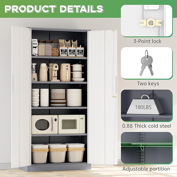 INTERGREAT Metal Storage Cabinet with Lock, 61" H Metal Cabinets Storage with 2 Doors and 4 Adjustable Shelves, Locking Garage Cabinet for Home Office, Kitchen, Bathroom (White Grey)