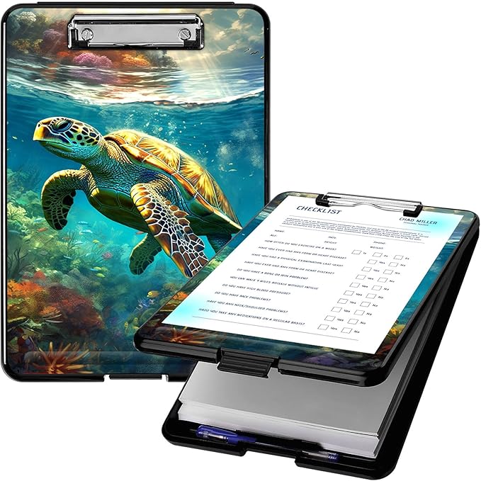 Clipboard with Storage, High Capacity Plastic Storage Clipboard with Pen Holder for Women Teachers Work, School & Office Supplies, Cute Pattern Decorative Clipboards, Sea Turtle