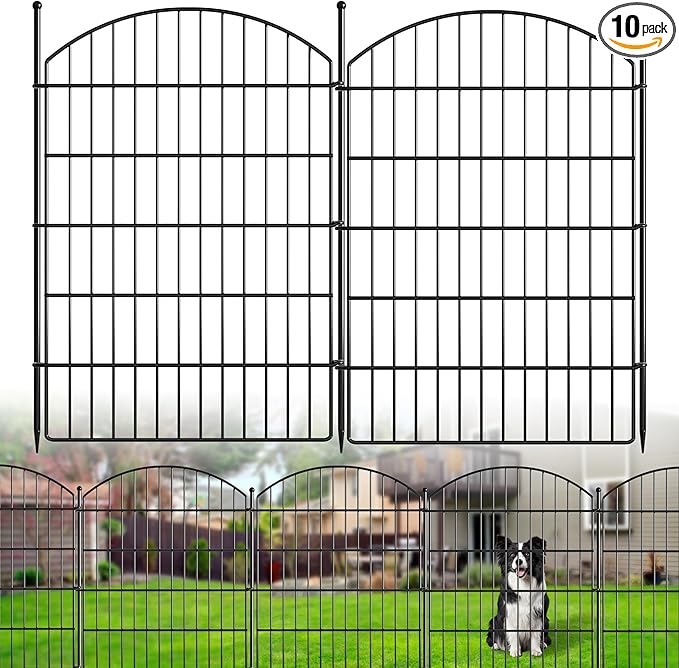 No Dig Dog Fence Outdoor for Yard: Heavy Duty Garden Fence Animal Barrier 10 Panels Metal Fencing Panels 32IN H x 23.6IN W with Ground Stakes for Dog Containment, Backyard Safety