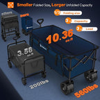 48" L Collapsible Wagon Cart Foldable, 560lbs Weight Capacity 300L Heavy Duty Folding Beach Wagons with Big All-Terrain Wheels, Utility Carts for Groceries, Shopping, Camping, Sports - Blue