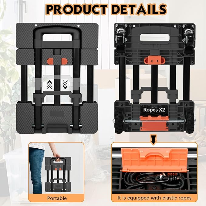 Heavy-Duty 500LB Capacity Hand Truck with One-Touch Retractable Handle & Extendable Plate, Portable Collapsible Dolly Cart with 4 Wheels w/Brakes Folding Luggage Cart for Travel/Home Use, Black