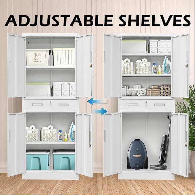 Metal Storage Cabinet, 71" H x 28" W x 16" D Locking Storage Cabinet with Adjustable Shelves and One Drawer for Office, Garage, Home, School, Utility(White)