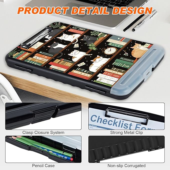 Clipboard with Storage Compartment, 8.5 x 11 Letter Size Side Opening Clip Board with Pen Holder, Hard Portable Clipboard Organizer for Nurse, Teacher, Contractor, Jobsite, Bookshelf Cat