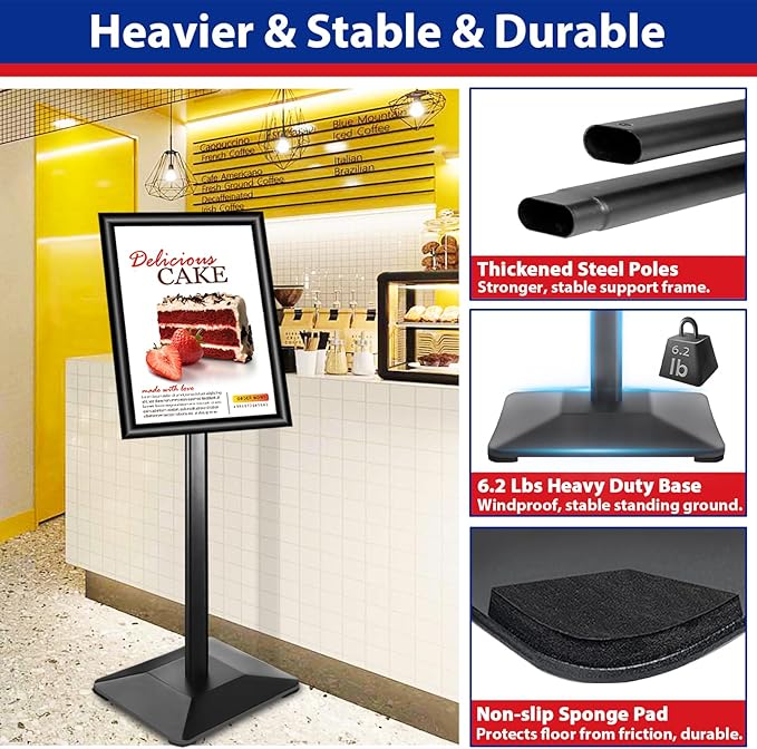 Pedestal Sign holder Stand 11x17inch Adjustable Standing Floor Sign Stand with Heavy Base & Snap Frame Display Stand for Indoor Outdoor Business Store Sign Holder Poster Stand (Black)