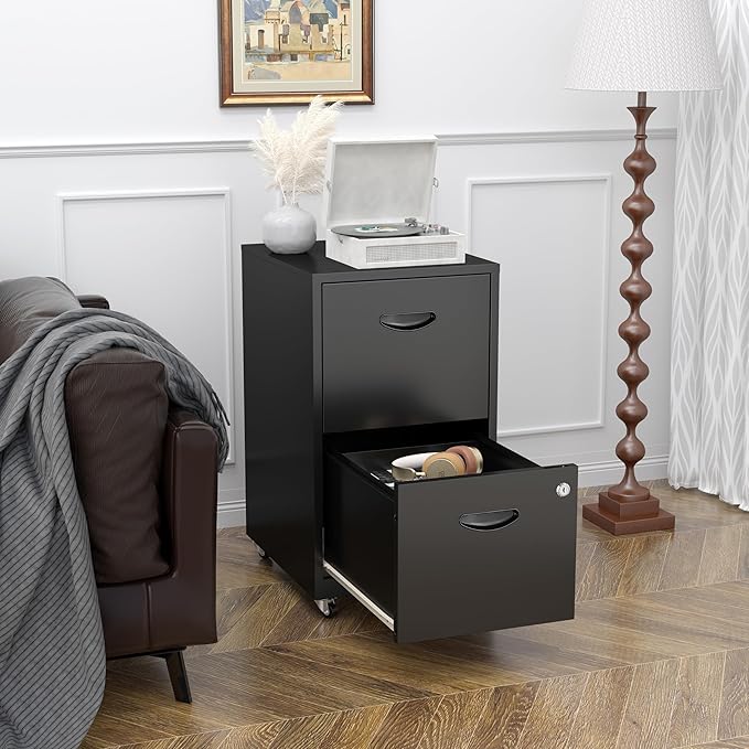 2 Drawer Mobile File Cabinet with Lock, Metal Filing Cabinets with Wheels, Black Rolling Storage Cabinet, Under Desk Vertical File Cabinet for Home Office, Lockable Steel Two Drawer for Letter Size