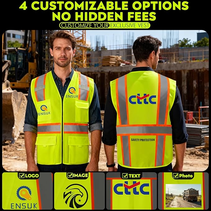 BeautyWill 10/20 Pack Custom Logo Safety Vest,Bulk High Visibility Class 2 Reflective Work Vests