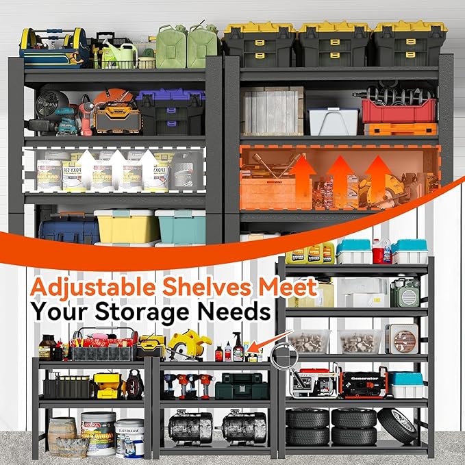 Adjustable 5-Tier Garage Shelving, Heavy Duty Steel Storage Rack, High Load Capacity, Ideal for Garage, Warehouse, or Home Organization (5-Tier 63" H x40 W x 18" D)