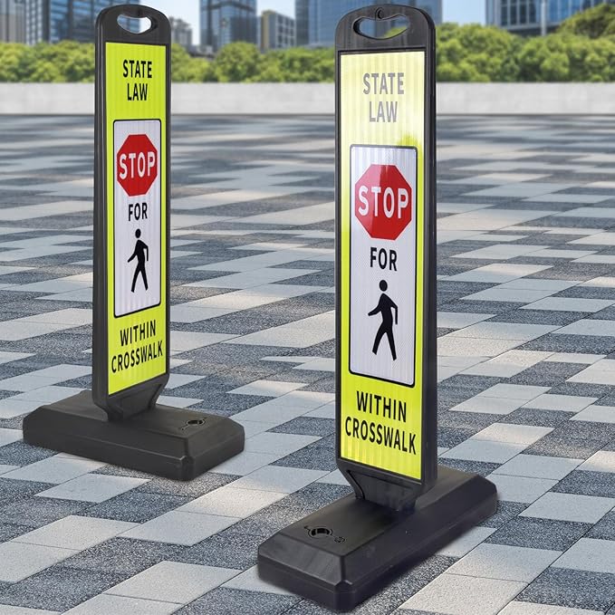 2 Pack 43" x 9.6" inch Double Sided Pedestrian Crosswalk Sign, 21.8" x 9.6" x 4" Durable HDPE Water Filled Base, Portable High Visibility Reflective Traffic Safety Parking STOP Signs (Yellow Green-2Pack)