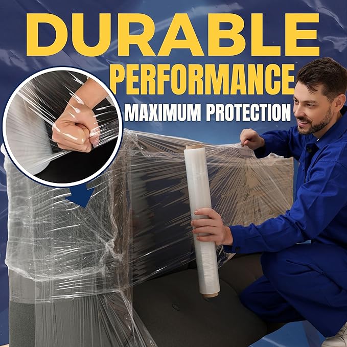 Rockin Rolls Stretch Film Wrap, 4 Rolls Heavy Duty Pallet Wrap – 18" x 1500 FT x 80 Gauge, Clear Plastic Moving Wrap for Packing, Shipping, Furniture & Luggage – Durable Self-Adhering Shrink Wrap Roll