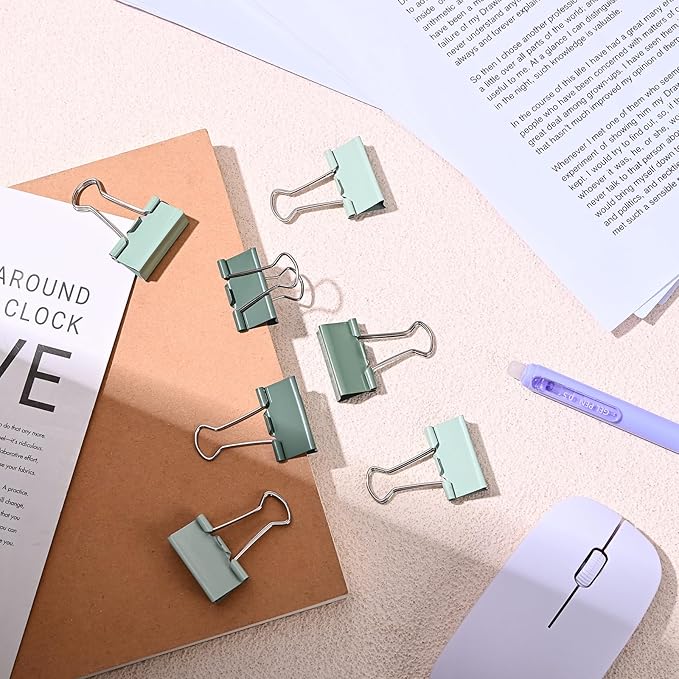 Temiary Aesthetic Binder Clips, 24 Pcs 1.26 Inches Small Metal Binder Clip with Clear Storage Container, Binding Paperwork Clamps for School Teachers Office Supplies (Green)