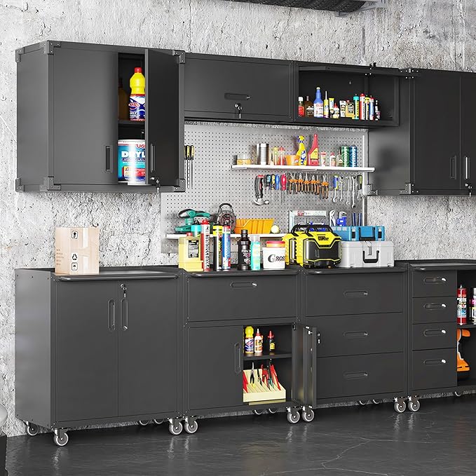 Metal Garage Wall Cabinet with Lock, Wall Mounted Metal Storage Cabinets with Flip-Up Doors, Lockable Floating Tool Storage for Garage Basement Utility Room
