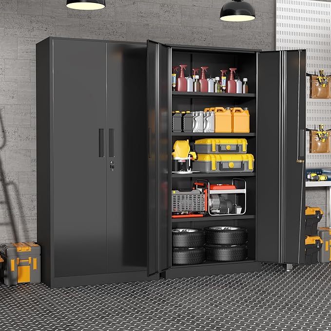 Superday Metal Garage Storage Cabinet with Lock, 71" H Lockable Storage Cabinets with Doors and 4 Adjustable Shelves, Locking Cabinet for Office, Home, Garage, Gym, School (Black)