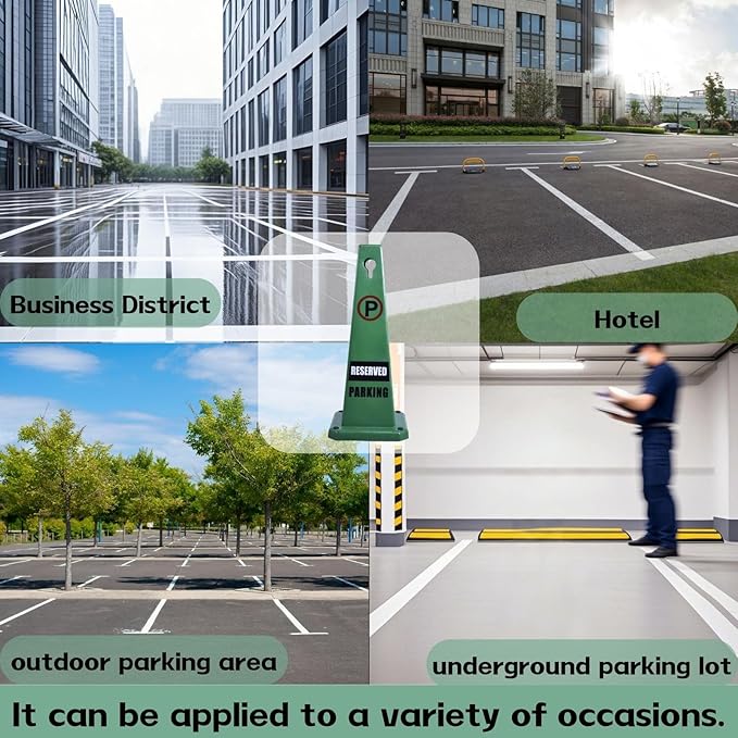 26.5" Caution Cones, 4-Sided Visible Safety Signs with Heavy Rubber Base, Warning for Slip & Fall Prevention, Indoor/Outdoor Use (8, Reserved Parking-Green, 26.5 inch)