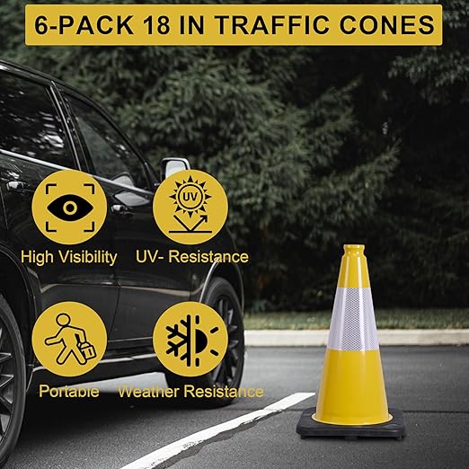OrangeStar 6-Pack 18" Traffic Cones, Yellow Safety Cones with Reflective Collar, Weighted Base for Driving Practice, Parking Lots, Construction, Flexible PVC, Indoor & Outdoor Use