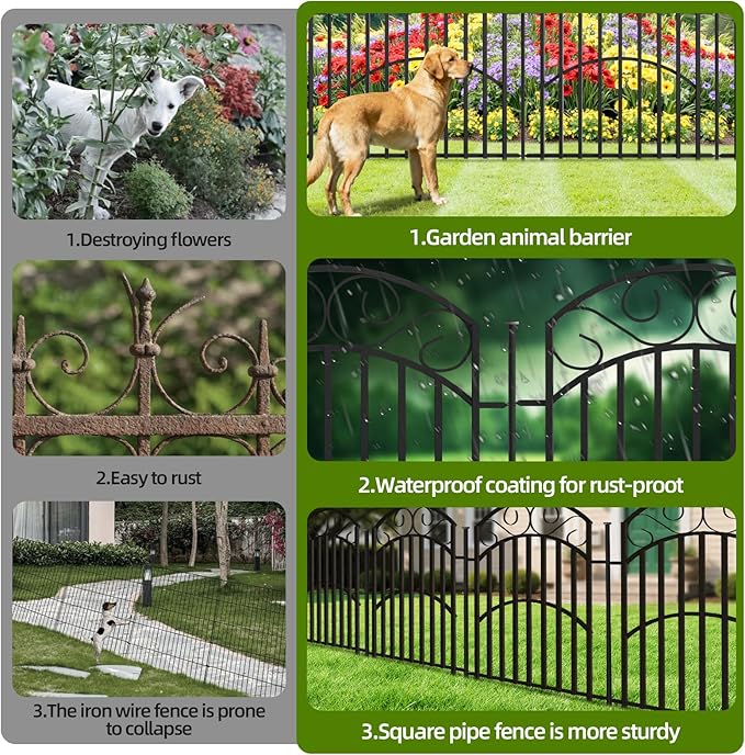 10 Panels 32in(H) Decorative Garden Fence, Total 22.5ft L Heavy Duty Iron Metal No Dig Animal Barrier Fence, Garden Border Fencing, Temporary Dog Fencing Outdoor for Yard