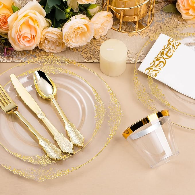 350PCS Clear Gold Plastic Plates for 50 Guests, Disposable Dinnerware Set Includes 100 Clear Disposable Plates, 150 Gold Silverware, 50 Cups, 50 Napkins for Party, Wedding