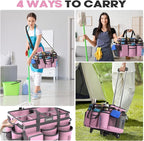 Rolling Cleaning Caddy Bag with Detachable Trolley, Cleaning Supplies Organizer Cart on Wheels, Cleaning Supply Caddy for Housekeepers, Large Professional Detailing Bag Tote for Home, Car (Pink)