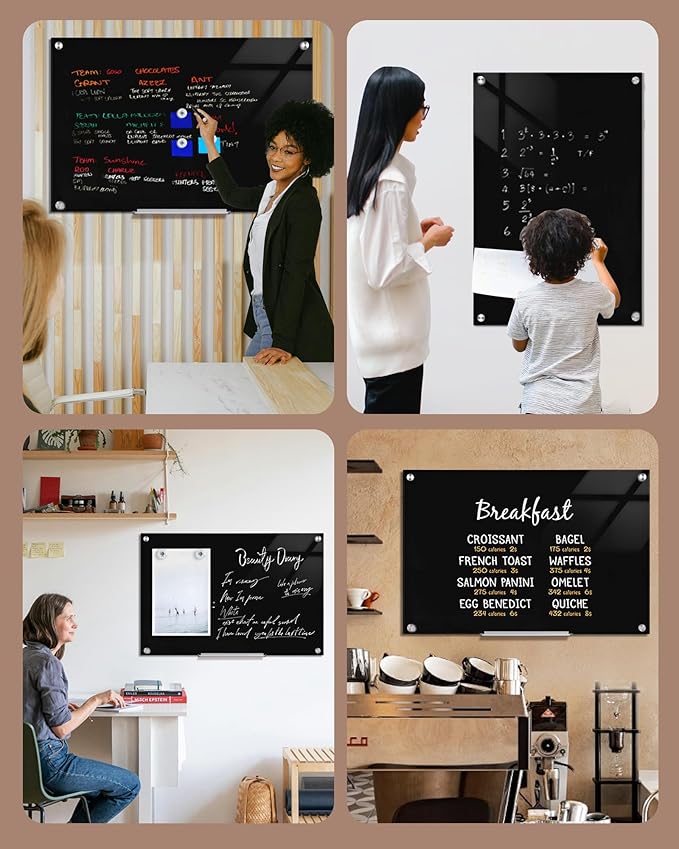 Mifuro Magnetic Glass Whiteboard，36"x24" Wall Mounted Frameless Dry Erase Board for Office, Home & School Black