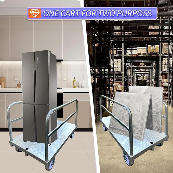 Steel Panel Truck Cart Platform Truck, Heavy Duty Lumber Drywall Dolly, 6" Swivel Brake Casters, 3 Side Handrails, Hold up to 2000lbs (39" x 24")