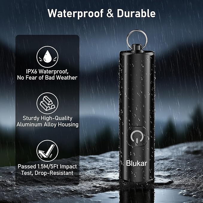 Blukar Rechargeable EDC Flashlight, 360L Mini Keychain Flash Light with 3 Lighting Modes, Memory Function, Waterproof, Compact and Portable Pocket Light for Everyday Carry, Emergency,Camping,Outdoor