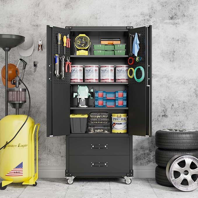 Garage Storage Cabinet with 2 Drawers and Pegboard, Metal Storage Cabinet with 2 Lockable Doors for Garage Home Office,Required Assembly,Black,71.2" H*15.2" D*30" W