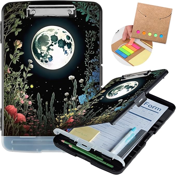 Clipboard with Storage,Heavy Duty Plastic Storage Clipboard with Low Profile Clip,Teacher Must Haves,Office Supplies,Grass Flowers Moon Star