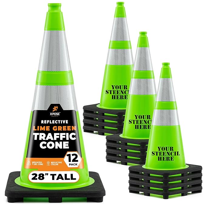 Xpose Safety 28” Lime Green Traffic Cone Dual 6" & 4" Reflective Collar – 12 Pack Multipurpose Premium PVC Safety Cone for Parking, Caution, Construction, Road Crews, Emergency Vehicle - DOT Approved