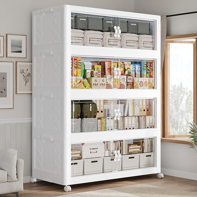 720QT Extra Large Stackable Storage Bins with Lid, 180Gal Collapsible Closet Organizer Box with Wheels, Folding Plastic Storage Cabinet with Doors for Home Kitchen Office Dorm, 4Pack White