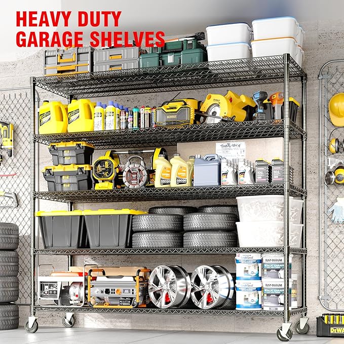 Garvee Heavy Duty 82" H Storage Shelving Unit with Wheels, 3300LBS 5-Tier Metal Shelves w/Feet, Adjustable Wire Shelving Organizer Rack Shelf for Garage, Pantry Rooms &Commercial, 59" W x 23.6" D
