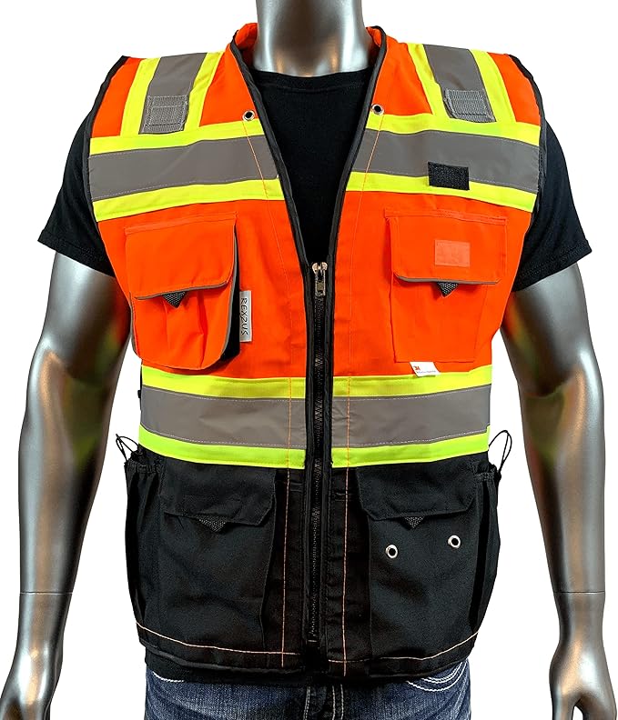 C Vest for Mens Safety Vest With Zipper and Utility Pockets Premium Black Series Surveyors Vest (Large, Orange/Black)