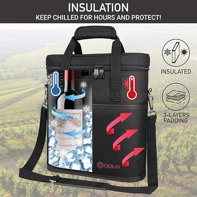 opux 3 Bottle Wine Carrier Tote, Insulated Leakproof Wine Cooler Bag, Wine Travel Bag Tote for Picnic BYOB Beach, Portable Wine Bottle Carrying Case, Gift for Wine Lover Women Men Christmas, Black
