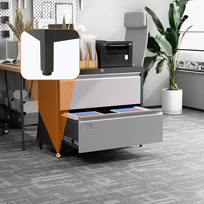 SUXXAN Metal 2 Drawer Lateral File Cabinet with Lock & Adjustable Feet - Wide Filing Cabinet for Letter/Legal/F4/A4 Hanging Files - Includes Business Card Holder,Home Office School Storage,Black/Grey