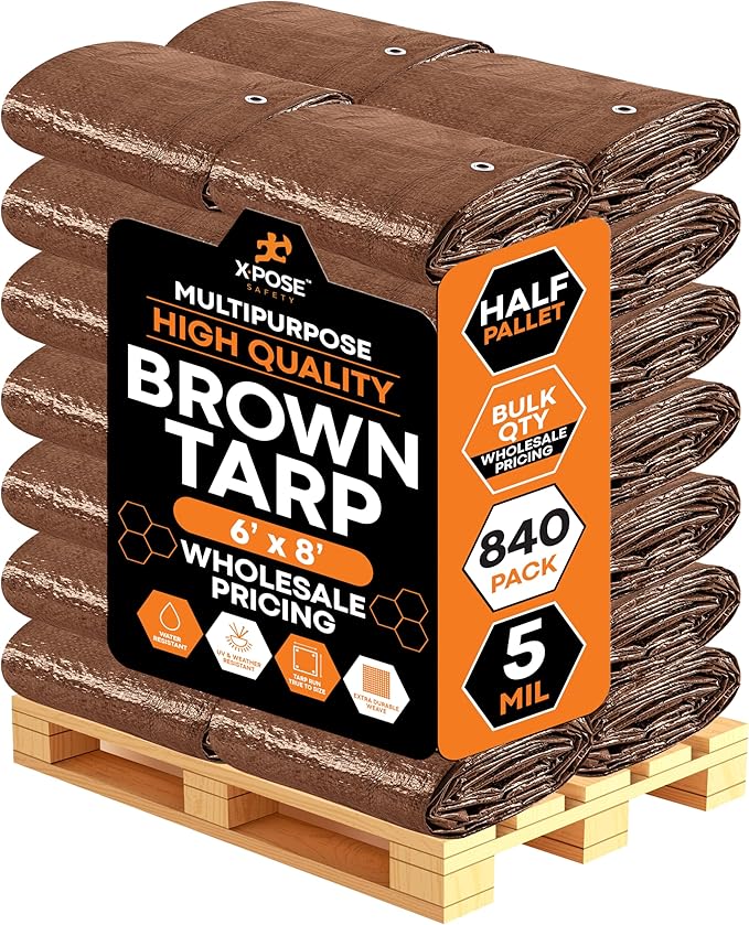 Multipurpose Protective Cover Brown Poly Tarp 6' x 8' - Bulk Half Pallet (840 Pack) Durable, Water Resistant, Weather Resistant - 5 Mil Thick Polyethylene - by Xpose Safety