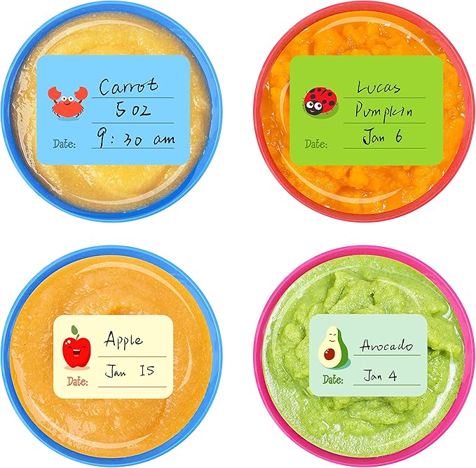 240 PCS Baby Food Labels Set in 2 Sizes and 45 Designs Water Resistant for Food Containers, Jars