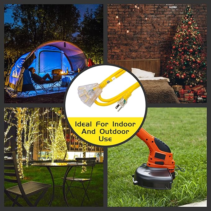 3-Outlets Indoor Outdoor Extension Cord Weatherproof with Lighted End, UL Listed, 14 Gauge 6FT Yellow 3 Prong Heavy Duty, 14/3 SJTW 15A Power Cord
