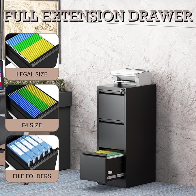 3 Drawer Vertical File Cabinet with Lock, Metal Filing Cabinets for Home Office, Heavy Duty File Storage Cabinet for Legal/Letter/A4 Documents, Easy to Assemble, Black