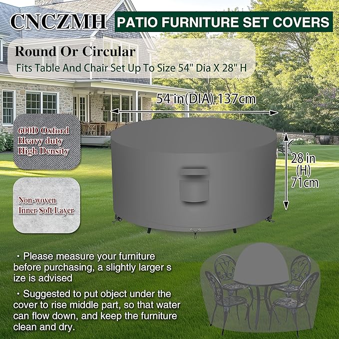 Heavy Duty Patio Furniture Covers Waterproof, 600D Round Outdoor Furniture Cover Waterproof for Sectional Sofa Couch, Outdoor Dining Table and Chair Set Covers 54"DIA x 28"H, Grey