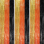 3 Pack 3.3 x 8.2 ft Black Gold Orange Foil Fringe Backdrop Curtains, Tinsel Streamers Party Decorations, Fringe Backdrop, Door Shimmer for Construction or Birthday Party
