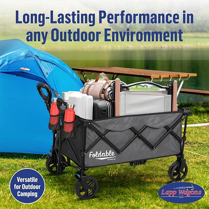 Lapp Wagons 39" Extra-Long Collapsible Folding Wagon Cart, Heavy-Duty 360 lb Utility Wagon with Wheels, Foldable Beach Wagon for Camping, Garden, Grocery, Sports, Outdoor Gear – Grey