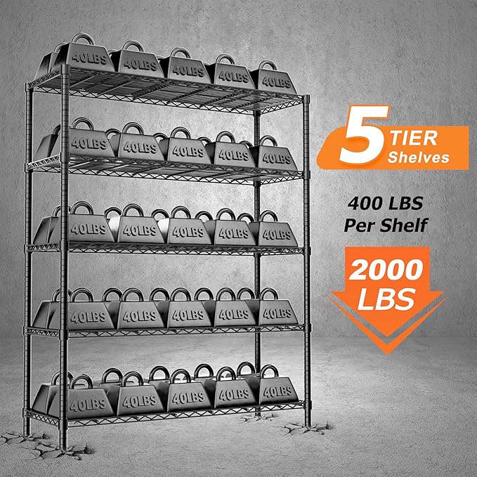 Storage Shelves Heavy Duty, 48" L x 20" W x 72" H Garage Shelving Unit Loads 2000LBS, 5-Tier Adjustable Metal Utility Shelf, Wire Shelf for Kitchen, Laundry Room, Pantry, Warehouse, Basement