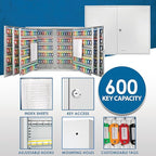 Barska 600 Position Key Cabinet – Wall Mount Key Safe with Numbered Hooks, Index Log Sheet, Colored Tags, Adjustable Dividers, Steel Construction for Office or Commercial Use