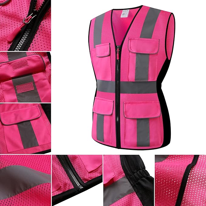Safety Vest for women, Hi vis Reflective Lady Work vest With 9 Multi Pocket And Zipper