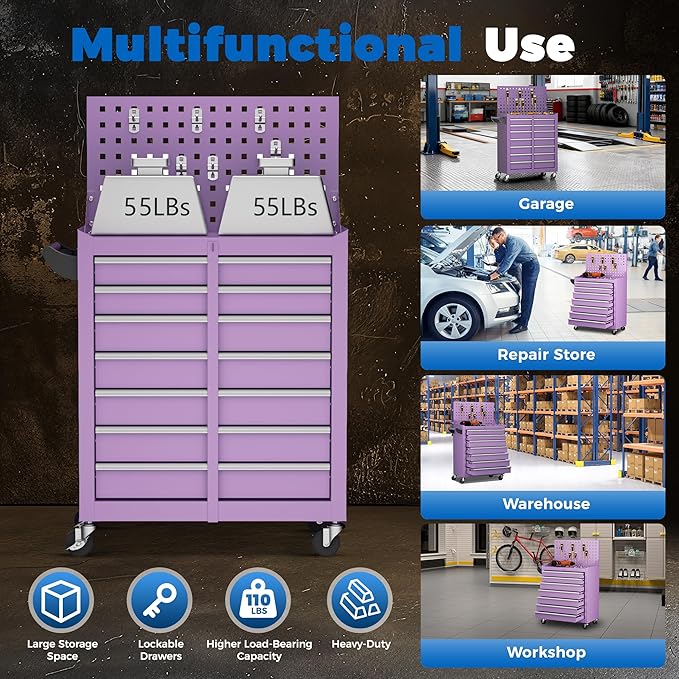 INTERGREAT 7 Drawers Rolling Tool Box with Pegboard,Portable Tool Chest with Wheels, Tool Box Organizer with Locking System for Garage, Purple
