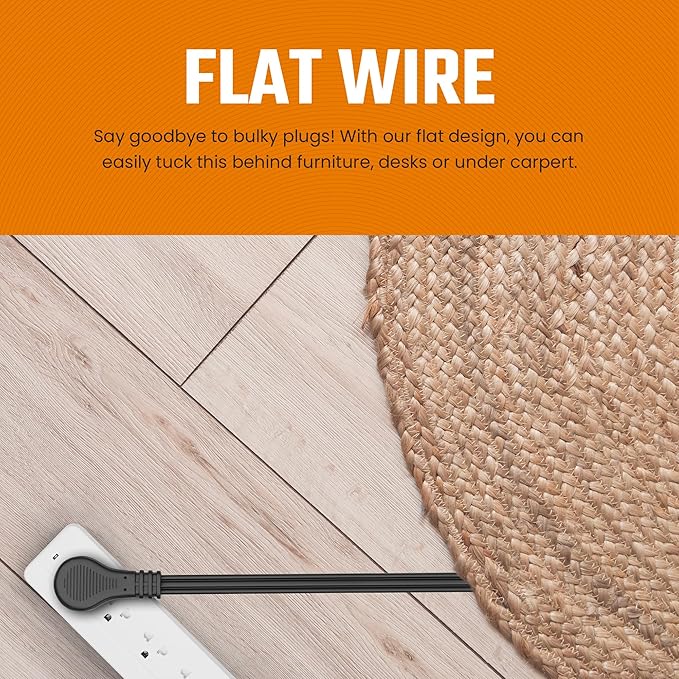 Black Extension Cord Flat 8ft for Indoor Use by Bindmaster- UL-Listed 3-Prong Power Cord- Space-Saving Flat Angled Extension Cord- Grounded Outlet Extension Wire