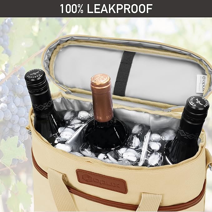 Opux 3 Bottle Insulated Leakproof Wine Cooler Bag, Tote for Picnic Beach, Portable Carrying Case, Cream